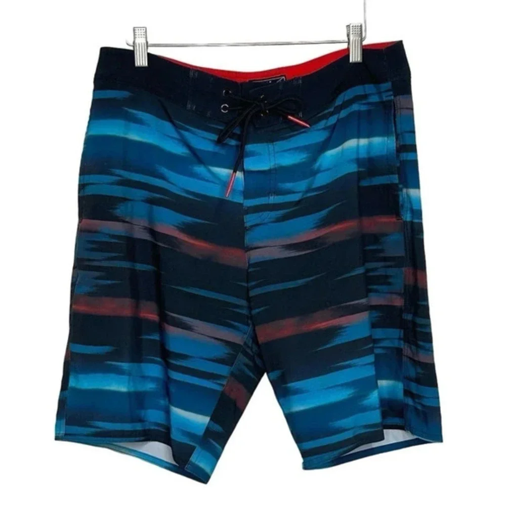 American Eagle Outfitters M mens blue black red print swimsuit with 3‎ pockets